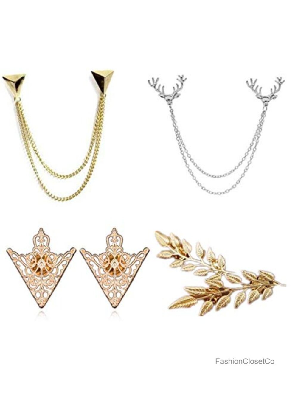 Metal Collar Brooch Pins Set Deer Head Chains Tassels Pin